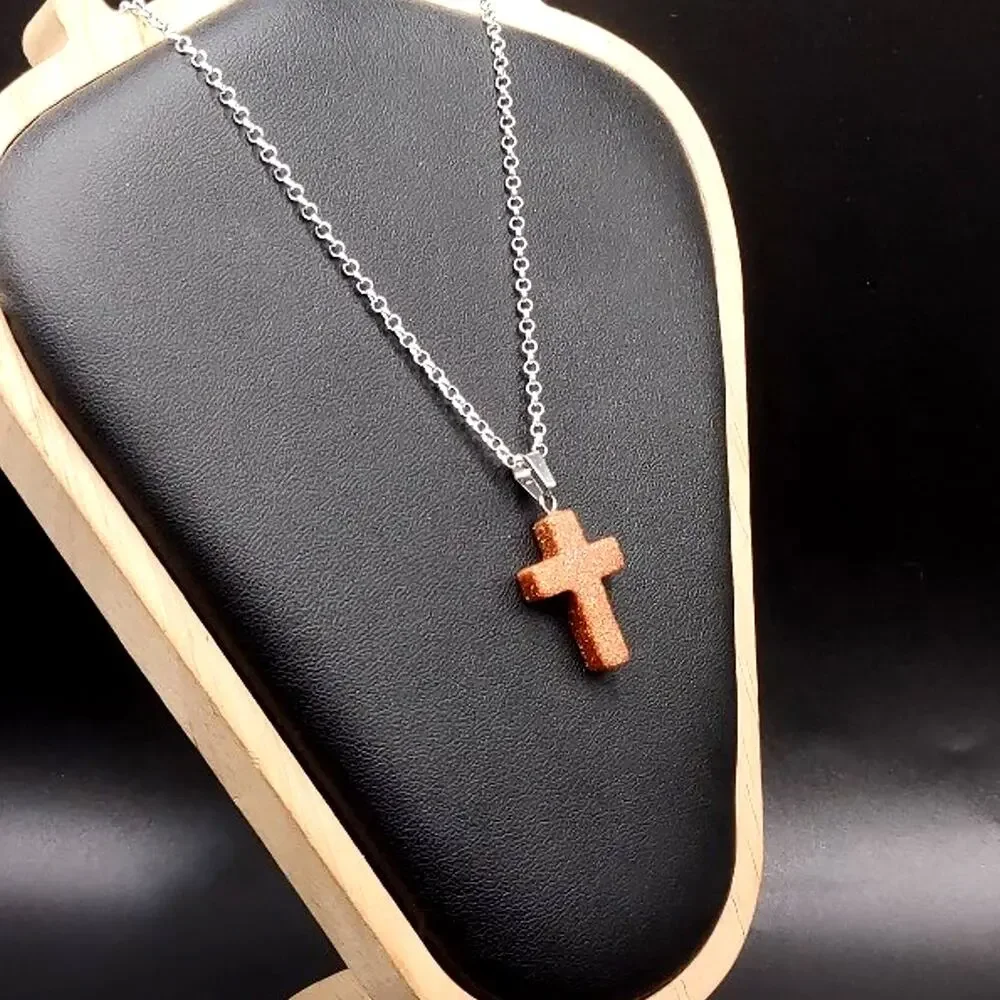 925 Silver Necklace W/ Brown Goldstone Cross Vtg Boho Anniversary Birthday Gift